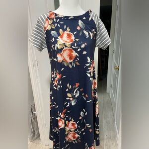 Floral Navy Women’s Dress with Striped Sleeves